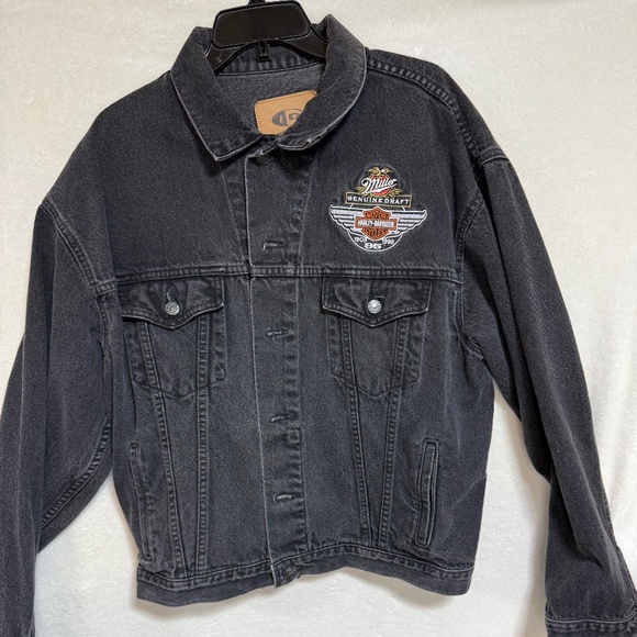 Harley Davidson Jean Jacket Men’s XL Miller Genuine Draft Pockets Denim Black - Picture 3 of 10